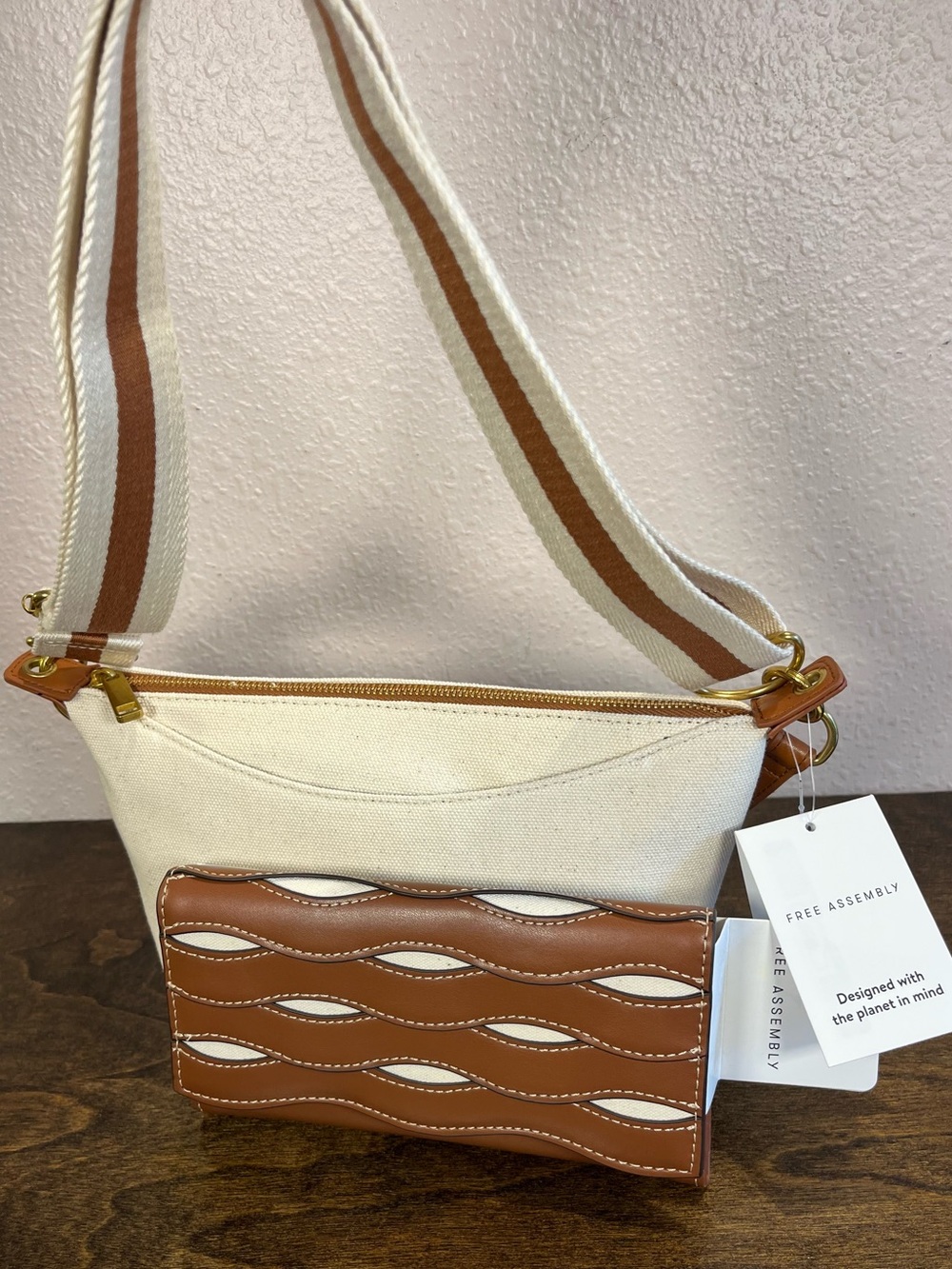 Free Assembly Cream Canvas Crossbody with Tan Leather Trim